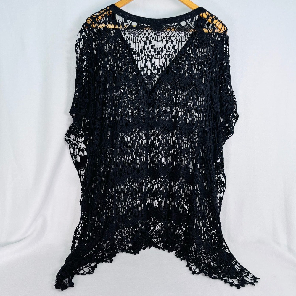 CHICO'S Bianca Lace Poncho Top Sz 3 Crocheted Boho Beaded Shirt Coverup Flirty - Picture 7 of 7